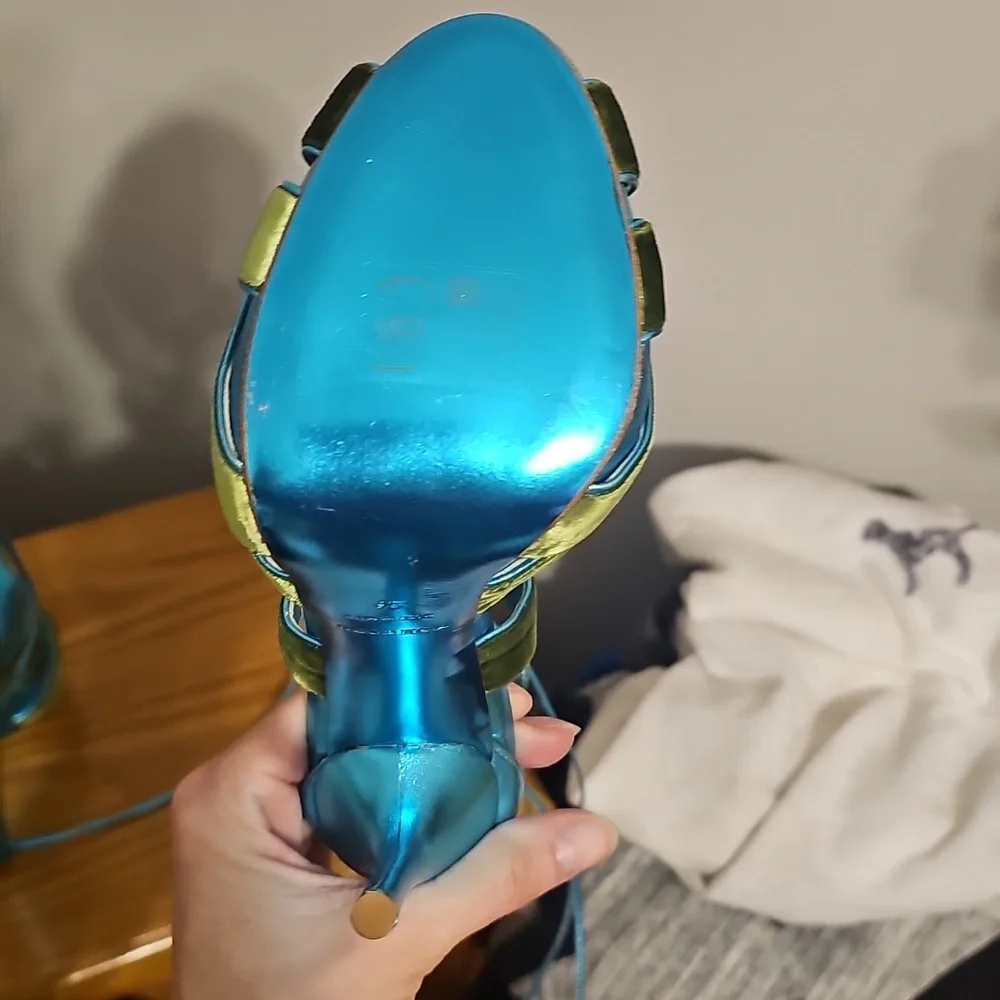 Tom Ford Teal and Lime Green Satin Strappy High Heel Sandals - Picture 9 of 13